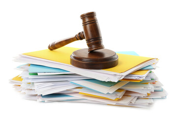 Stack of different files with documents and gavel on white background
