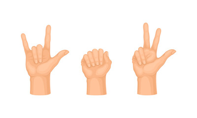 Various hand gestures set. Human hand showing cool, fist and counting gesture vector illustration