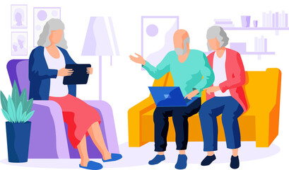 Elderly couple try to use gadget, type on computer, communicate through laptop and surf internet. Old women and man learn new technologies. Characters sitting and spending time on social networks