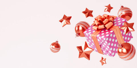 Christmas composition with Christmas decorations and a gift box with a bow on a white background. 3D illustration is in red and pink, with space for text.