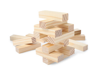 Jenga tower made of wooden blocks on white background
