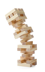Jenga tower made of wooden blocks falling on white background