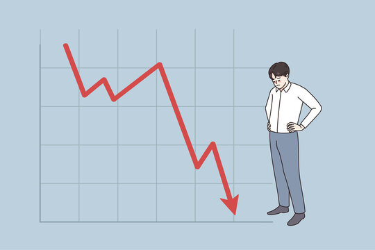 Unhappy businessman stand near graph going down distressed with business bankruptcy or crisis. Upset man employee or worker stressed with bad financial statistics. Flat vector illustration. 
