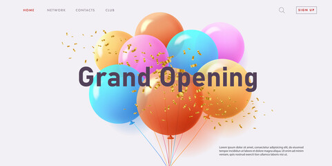 grand opening web banner with bunch of round colorful air balloons on red background with golden confetti, modern style landing page design