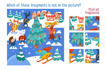 Fototapeta premium Which of these fragments is not in the picture. Find all fragments. Christmas forest with cute animals characters and buildings. Child Game. Activities, vector illustration.