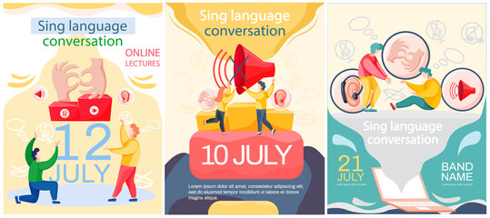 Learning sign finger hand language online. Sign language conversation, modern teaching method. Webinar, language training group education via internet. Students receive knowledge remotely on course