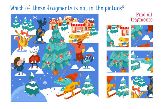 Which of these fragments is not in the picture. Find all fragments. Christmas forest with cute animals characters and buildings. Child Game. Activities, vector illustration.