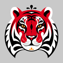 Tiger head. Graphic abstract tiger face. Geometric abstract animal for poster, background, emblem, mascot. Concept of safari, jungle, zoo. Symbol of the Chinese horoscope. Calm muzzle, red color.