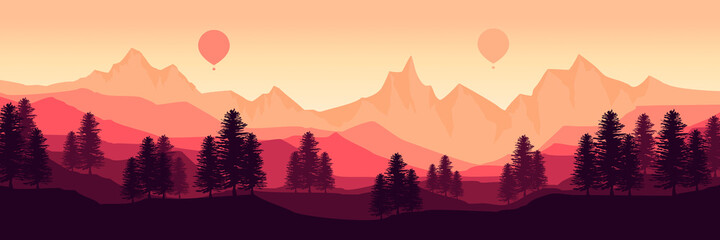 Obraz premium hot air balloon travel in mountain landscape with tree forest vector illustration design for wallpaper design, design template, background template, and tourism design template 
