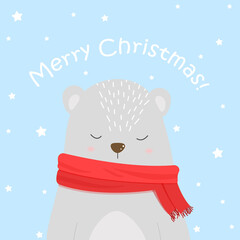 Winter new year christmas postcard. Cute polar bear cartoon character with scarf and hat. Vector celebration card design.
