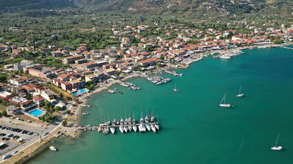 Aerial drone photo of fjord shaped port of Nydri a calm sea safe anchorage for sail boats and...