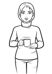 Portrait of a women holding coffee - vector stock illustration.
