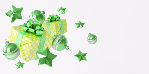 Fototapeta na wymiar A beautiful Christmas composition with Christmas tree decorations and a gift box with a bow on a white background. 3D illustration in green and yellow colors, with a blank space to insert text.