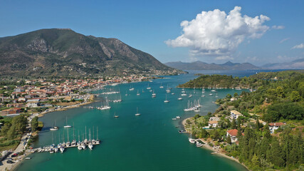 Aerial drone photo of fjord shaped port of Nydri a calm sea safe anchorage for sail boats and...