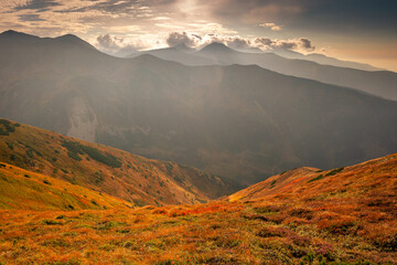 Beautiful autumn in the Western Tatras. Yellow and orange grasses create an amazing atmosphere. The...