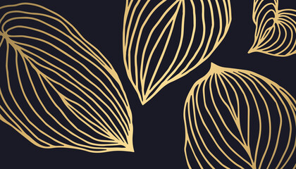 Fototapeta na wymiar Golden leaves line art on dark blue background. Luxury background