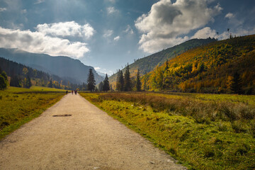 Kościeliska Valley in the autumn landscape. Western Tatras in the morning.