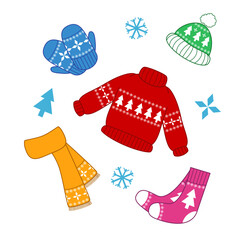 Stickers with winter accessories in cartoon design. Vector illustration for stickers, cards and decoration cover notebooks.