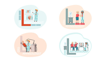 Otolaryngologist doctor with nose, ear and throat or ENT diagnostic and treatment instruments. Otology doctor with patient. Otorhinolaryngology healthcare medicine or otolaryngology diseases