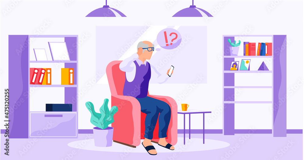 Poster old person tries to use smartphone. elder learns new technologies and communicate through phone. cha