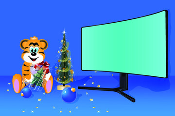 Product display background, 3d sale themes with blank monitor, pine tree, tiger, new year decorations. Vector.