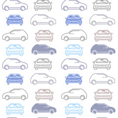 Vector kid illustration of line car on white background. Line art style design of car parking seamless pattern