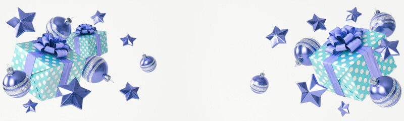 A beautiful Christmas composition with Christmas tree decorations and a gift box with a bow on a white background. 3D illustration in green and blue colors, with a blank space to insert text.