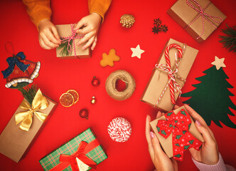 Mom and son packed Christmas presents