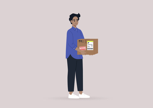 A Young Male Caucasian Character Holding A Cardboard Box With Stickers And Labels On It, A Courier Service, Post Box Delivery