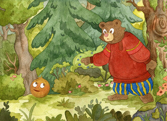 Illustration for russian traditional fairy tale Kolobok. Characters of children tale. Kolobok meet bear. Watercolor illustration