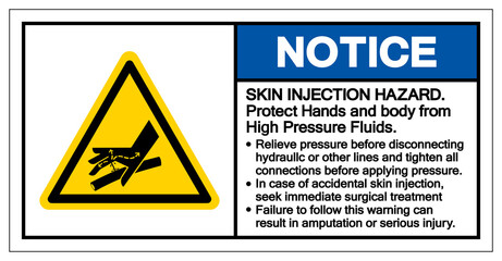 Notice Skin Injection Hazard Protrct Hands and body from High Pressure Fluids Symbol Sign, Vector Illustration, Isolate On White Background Label .EPS10