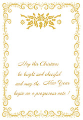 Original gold abstract decorative frame. Beautiful greeting text Merry Christmas and Happy New Year. Halle berry botanical elements. Postcard. For print. Sample. illustration 
