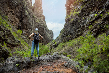 woman on Barranco del Infierno trail in Tenerife. Canary Islands