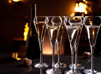 Glasses of champagne on table. Dark, black and gold colors. Copy space for text.