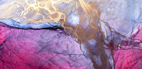 Luxury abstract background in alcohol ink technique, pink blue gold liquid painting, scattered acrylic blobs and swirling stains, printed materials