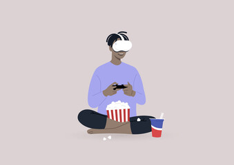 A young character wearing a VR headset, playing a video game console, and munching snacks, a wireless entertainment technology, modern lifestyle