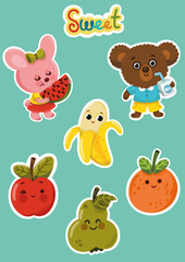 Cute animal and fruits sticker set for little children. Vector illustration.