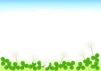 青空とシロツメクサの花と葉の背景