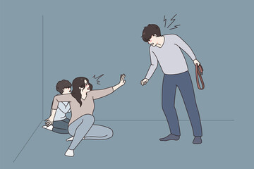 Scared young woman protect herself and child from cruel mad husband. Angry furious man threaten afraid wife and kid. Domestic violence and abuse concept. Flat vector illustration. 