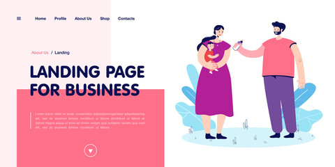 Father giving milk bottle for baby to mother. Female character holding child, man helping wife flat vector illustration. Family, parenting concept for banner, website design or landing web page