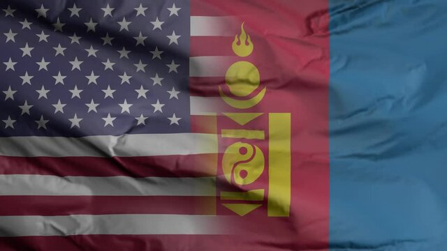 United States and Mongolia flag seamless closeup waving animation. United States and Mongolia Background. 3D render, 4k resolution