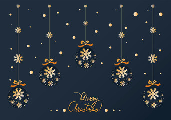 Fototapeta na wymiar Christmas greeting card, poster. Christmas balls decorated with snowflakes. New year background with a garland of balls and snowflakes. Winter festive template. Vector illustration. 