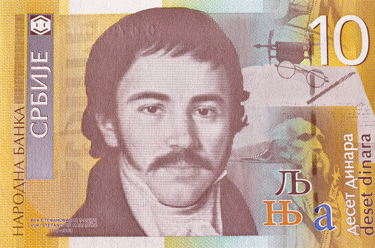 Closeup Obverse of uncirculated 10 dinars paper bill issued by Serbia, that shows portrait of linguist Vuk Stefanovic Karadzic
