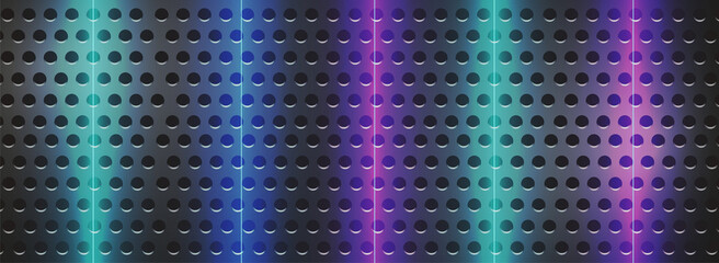 abstract dark background with neon rays made of perforated plastic or metal. Black abstract background in realistic style. Perforated sheet metal