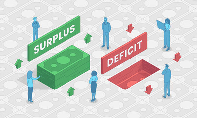 Surplus vs Deficit flat vector illustration, is less than what is required - obrazy, fototapety, plakaty