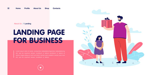 Father giving present to daughter. Happy man with box, gift for child flat vector illustration. Birthday, family, parenting, celebration concept for banner, website design or landing web page