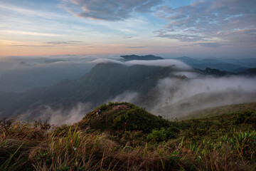 The sea of mist on the hill on Thailand in the morning