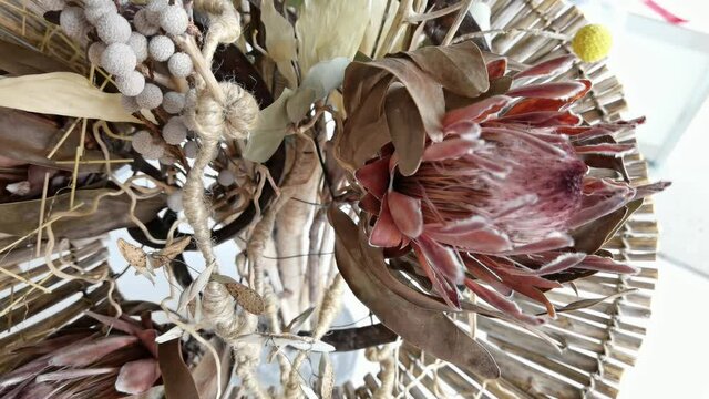 Dry boho flower bouquet. Interior beige wedding plants. Brwon nature material. Vintage eucalyptus decor. Bridal modern gift. Beautiful event concept