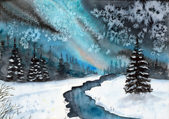 Watercolor winter landscape with a snowy meadow, a stream and a strip of forest trees on the horizon under the night starry sky