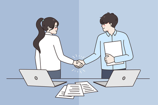 Happy businesspeople shake hands get acquainted greet at office meeting. Smiling diverse business partners handshake close deal make agreement after negotiation. Partnership. Vector illustration. 